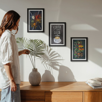 Framed triptych Spices coffee with a cup of kitchen herbs patterns