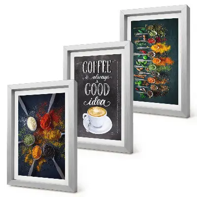 Framed triptych spices and coffee with kitchen herbs pattern