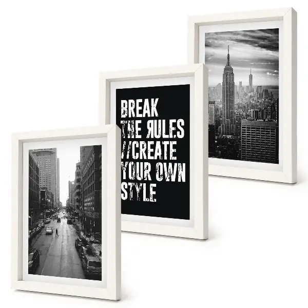 3-piece city street wall art set black and white print with an inspiring inscription