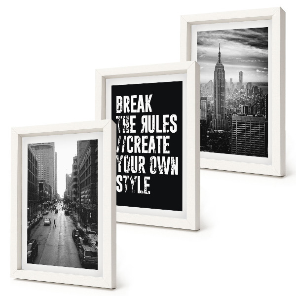 3-piece wall art set City streets in black and white with an inspiring inscription