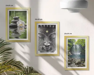 Harmony of nature with stones, water and Buddha framed triptych