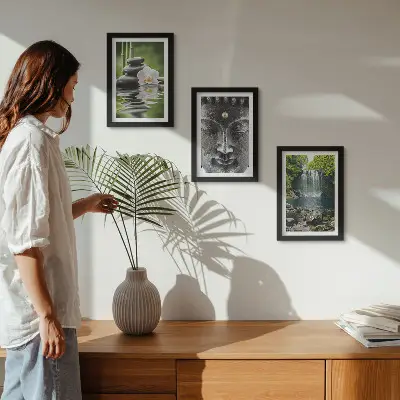 Harmony of nature with stones, water and Buddha framed triptych