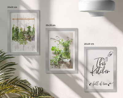 Framed triptych Kitchen motif with the inscription dried herbs