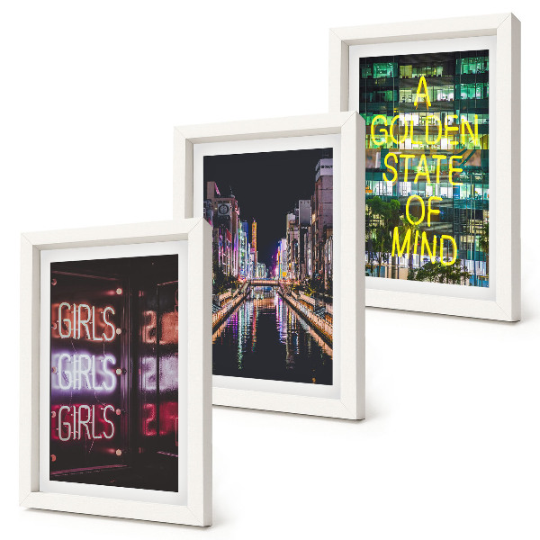 3-piece wall art set Neon signs of the city at night with a view of the river