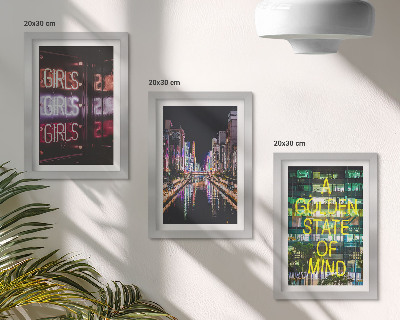 3-piece wall art set Neon signs of the city at night with a view of the river