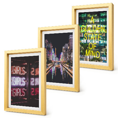 3-piece wall art set Neon signs of the city at night with a view of the river