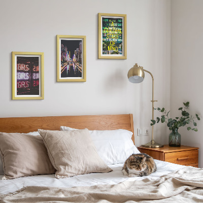 3-piece wall art set Neon signs of the city at night with a view of the river