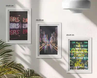 3-piece wall art set neon signs of the city at night with a river view