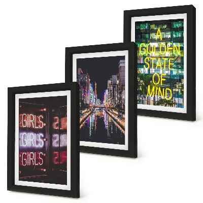 3-piece wall art set Neon signs of the city at night with a view of the river