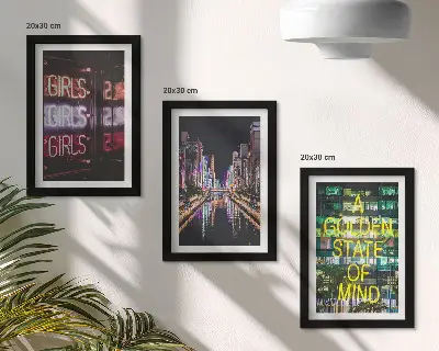 3-piece wall art set neon signs of the city at night with a river view