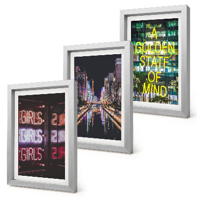3-piece wall art set Neon signs of the city at night with a view of the river