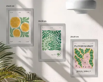 Photo frame wall posters with fruit and plant motifs in pastel colors