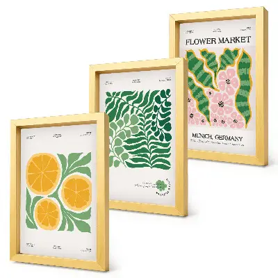Photo frame wall posters with fruit and plant motifs in pastel colors