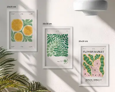 Photo frame wall posters with fruit and plant motifs in pastel colors