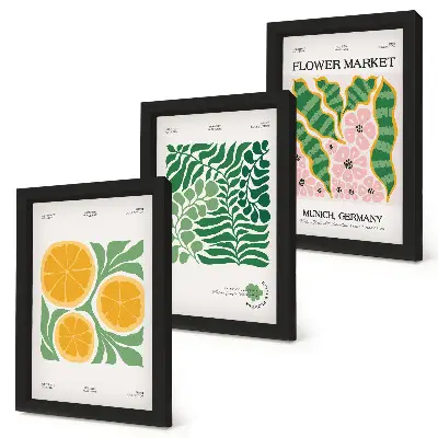 Photo frame wall posters with fruit and plant motifs in pastel colors