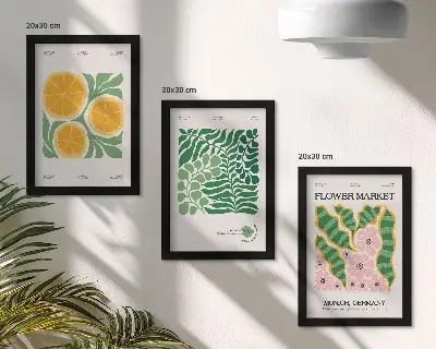 Photo frame wall posters with fruit and plant motifs in pastel colors