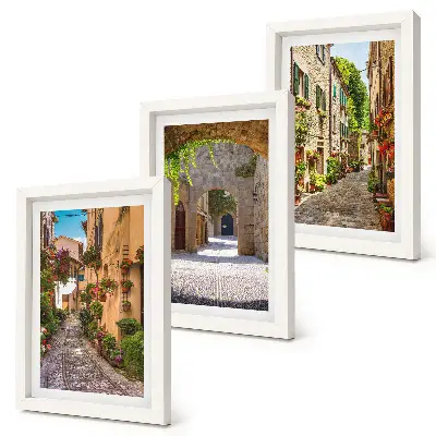Italian streets with flowers and landscape architecture framed triptych