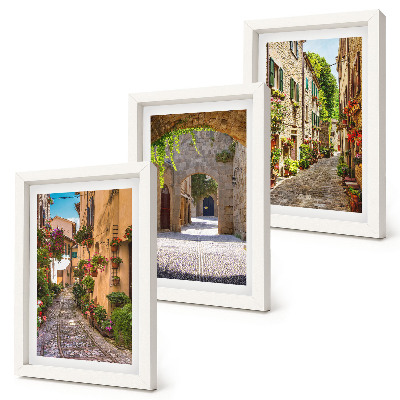Framed triptych Italian streets with flowers and landscape architecture