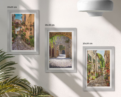 Framed triptych Italian streets with flowers and landscape architecture