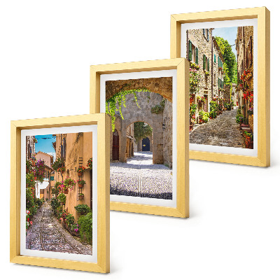 Framed triptych Italian streets with flowers and landscape architecture