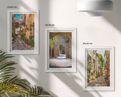 Framed triptych Italian streets with flowers and landscape architecture