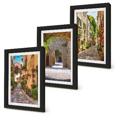 Framed triptych Italian streets with flowers and landscape architecture