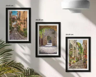 Italian streets with flowers and landscape architecture framed triptych