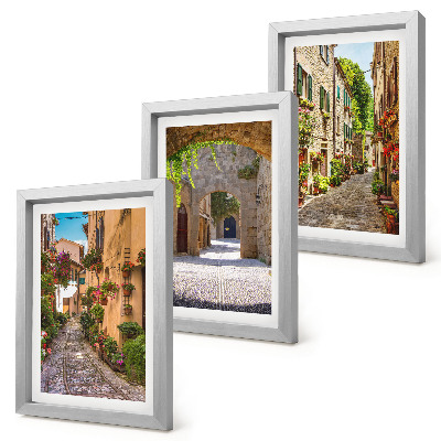 Framed triptych Italian streets with flowers and landscape architecture