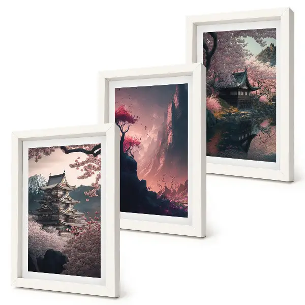 Photo frame wall featuring fantasy Japanese mountain landscape art