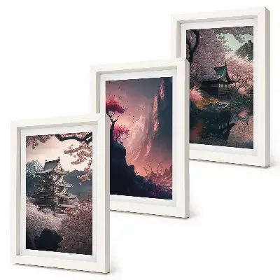 Photo frame wall featuring fantasy Japanese mountain landscape art