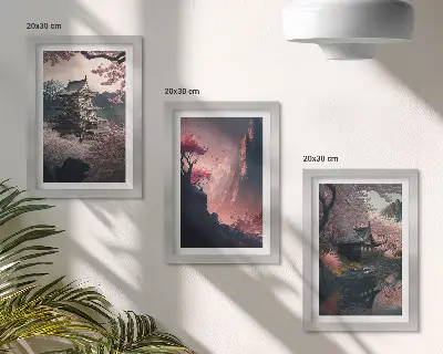 Photo frame wall featuring fantasy Japanese mountain landscape art