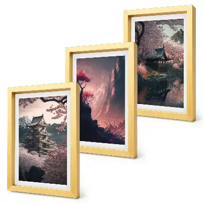 Photo frame wall featuring fantasy Japanese mountain landscape art