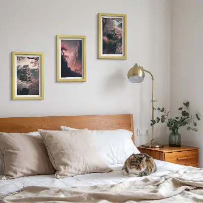 Photo frame wall featuring fantasy Japanese mountain landscape art