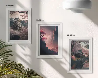 Photo frame wall featuring fantasy Japanese mountain landscape art