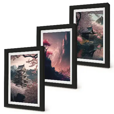 Photo frame wall featuring fantasy Japanese mountain landscape art