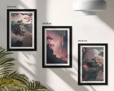 Photo frame wall featuring fantasy Japanese mountain landscape art