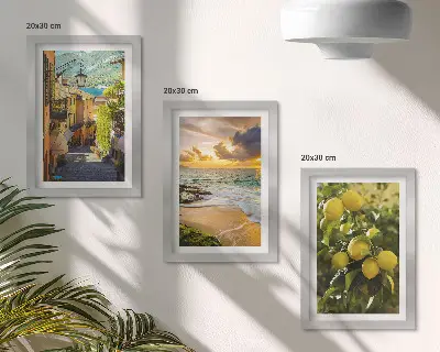 Framed triptych featuring picturesque streets, sea, beach, and citrus trees