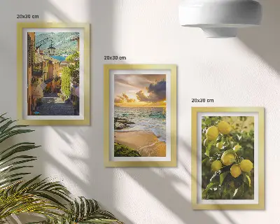 Framed triptych featuring picturesque streets, sea, beach, and citrus trees