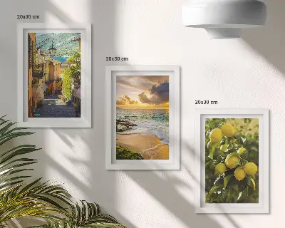 Framed triptych featuring picturesque streets, sea, beach, and citrus trees