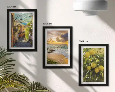 Framed triptych featuring picturesque streets, sea, beach, and citrus trees