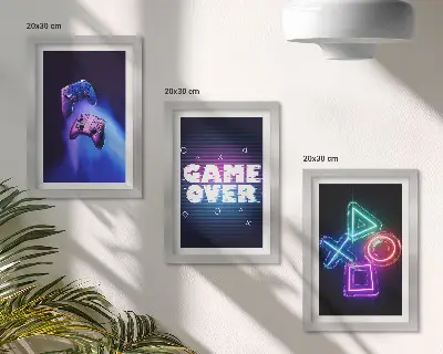 Gamepads with Game Over icons framed triptych