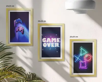 Gamepads with Game Over icons framed triptych
