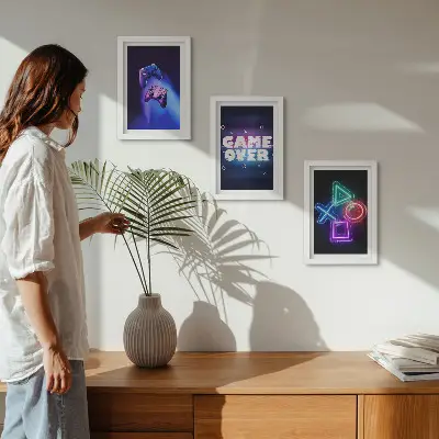 Gamepads with Game Over icons framed triptych