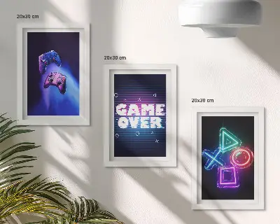 Gamepads with Game Over icons framed triptych