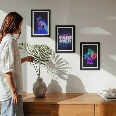 Gamepads with Game Over icons framed triptych