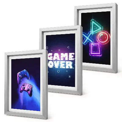 Gamepads with Game Over icons framed triptych