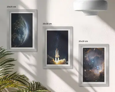 Space Earth rocket galaxy stars framed triptych three piece wall art set