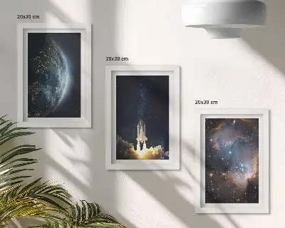 Space Earth rocket galaxy stars framed triptych three piece wall art set