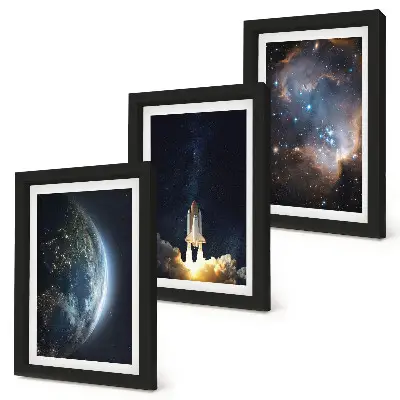 Space Earth rocket galaxy stars framed triptych three piece wall art set