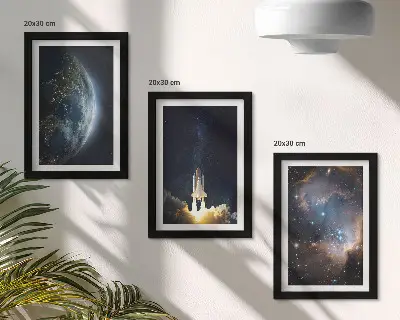 Space Earth rocket galaxy stars framed triptych three piece wall art set